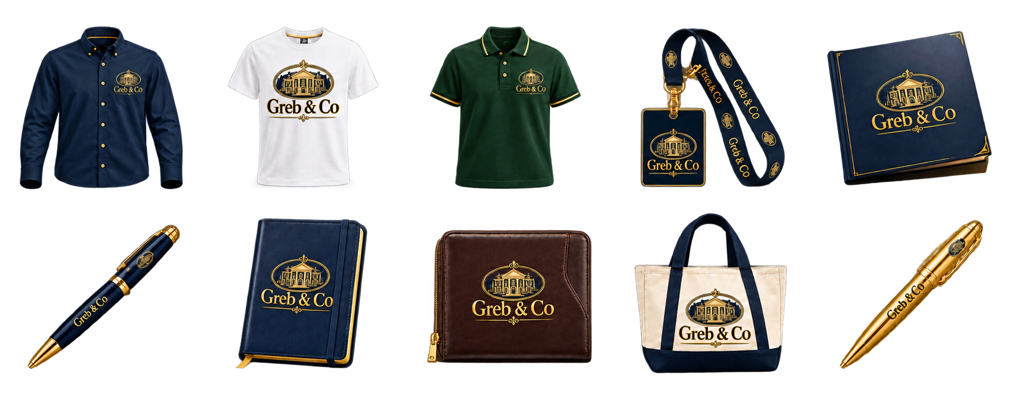 Créations Greb & Co Real Estate : tenues, badge, stylo, sac et accessoires de bureau